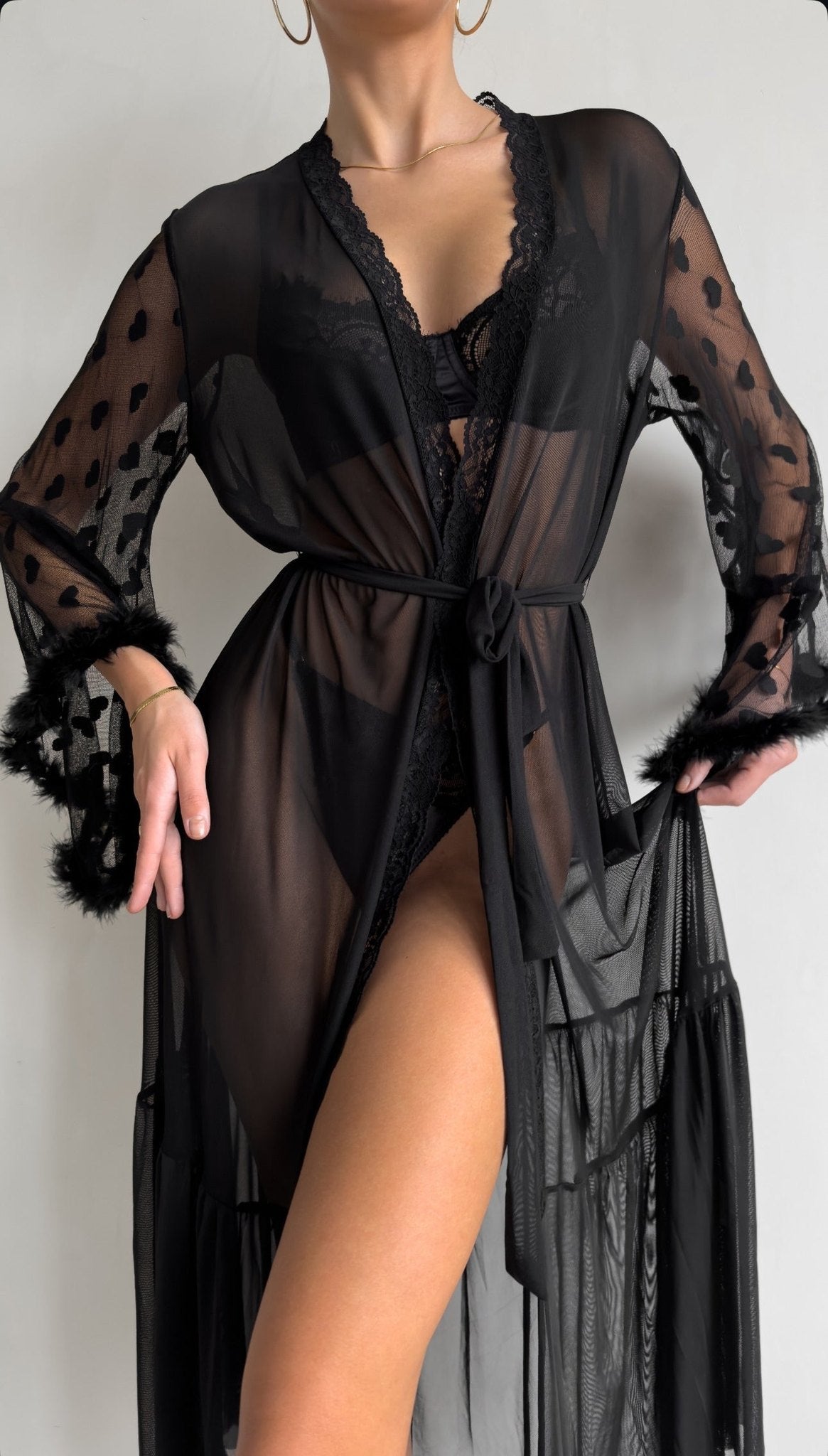 Black sheer ruffled mesh lace chemise