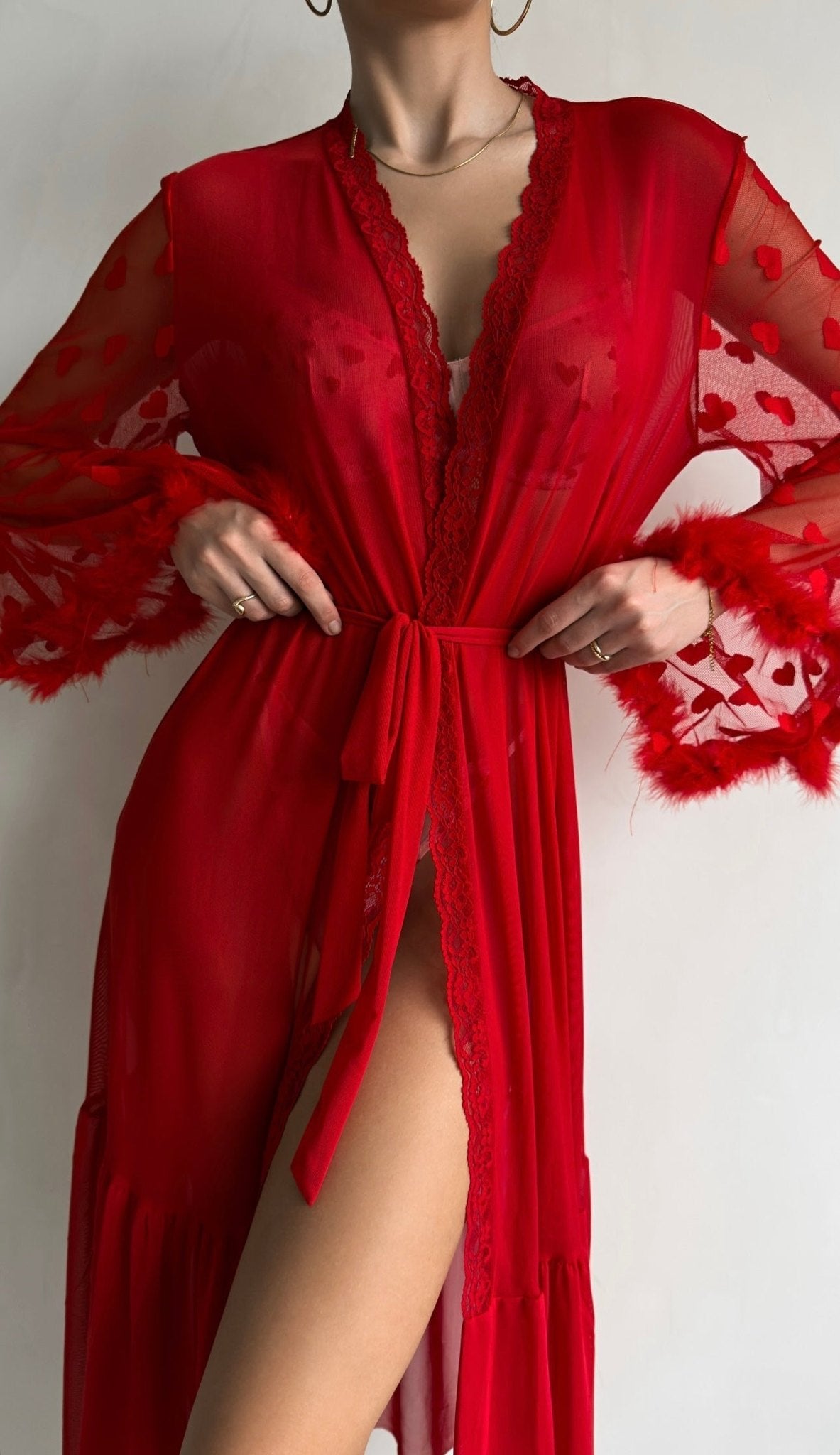 Red sheer ruffled mesh lace chemise