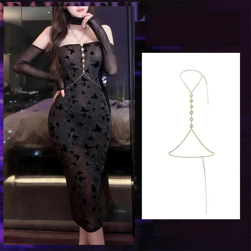 Black [neck Ring + Dress + Thong] + Gold Body Chain sheer slit crotchless chemise set
