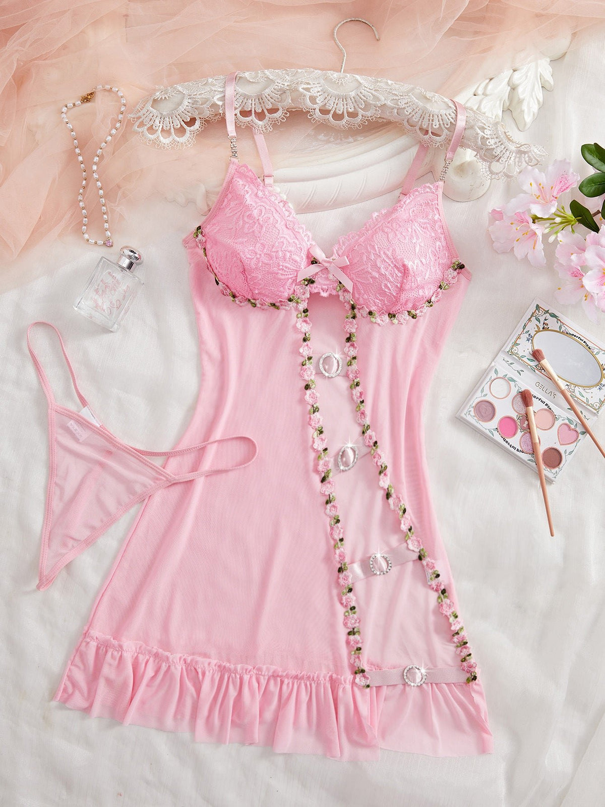 Pink sheer suspender babydoll dress thong set