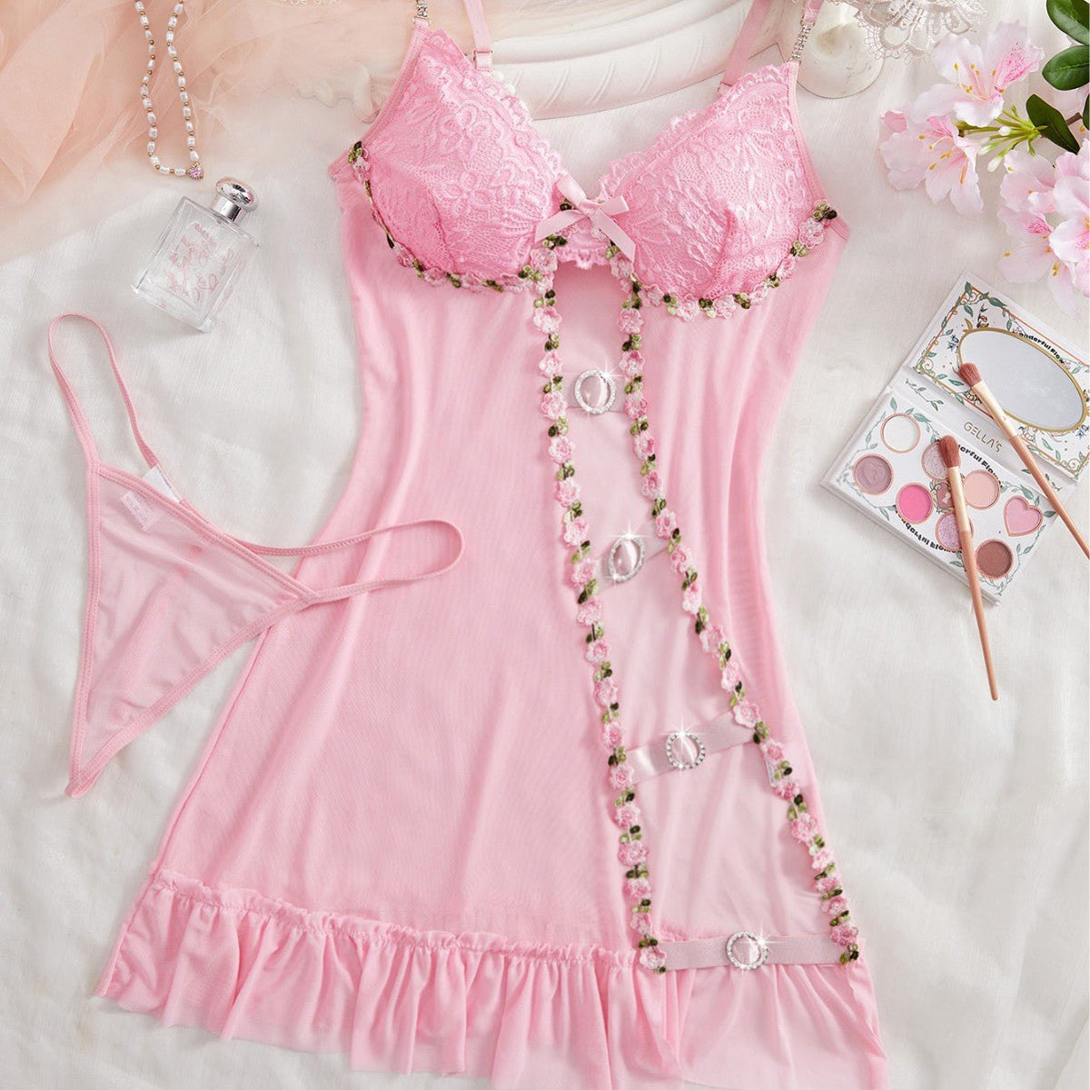 Sheer suspender babydoll dress thong set, photo 6