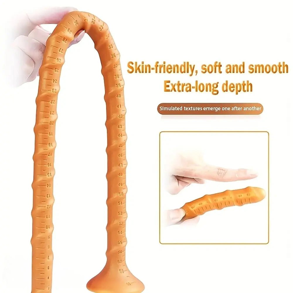Gold coiling ribbed silicone tail dildo with suction cup base