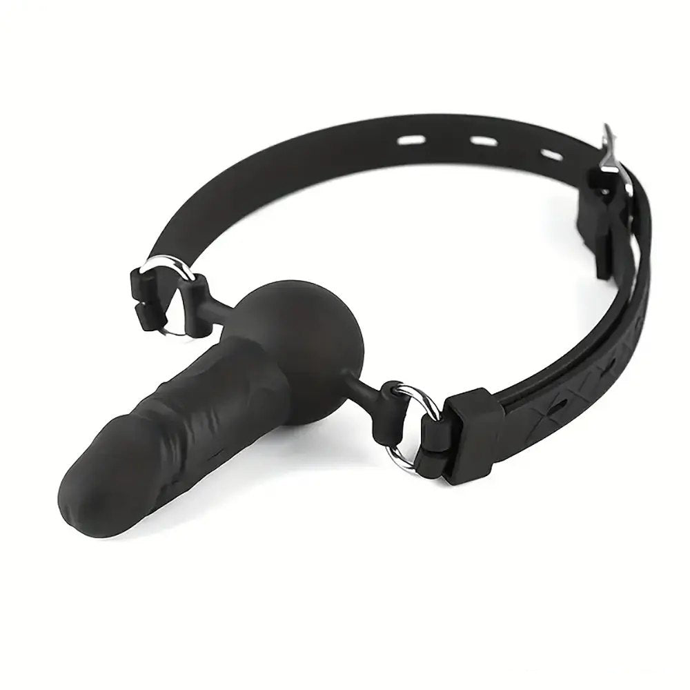 Black silicone dildo gag head harness, photo 1