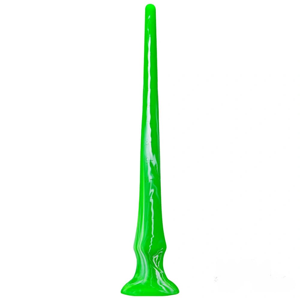 Green slim tapered silicone suction cup dildo