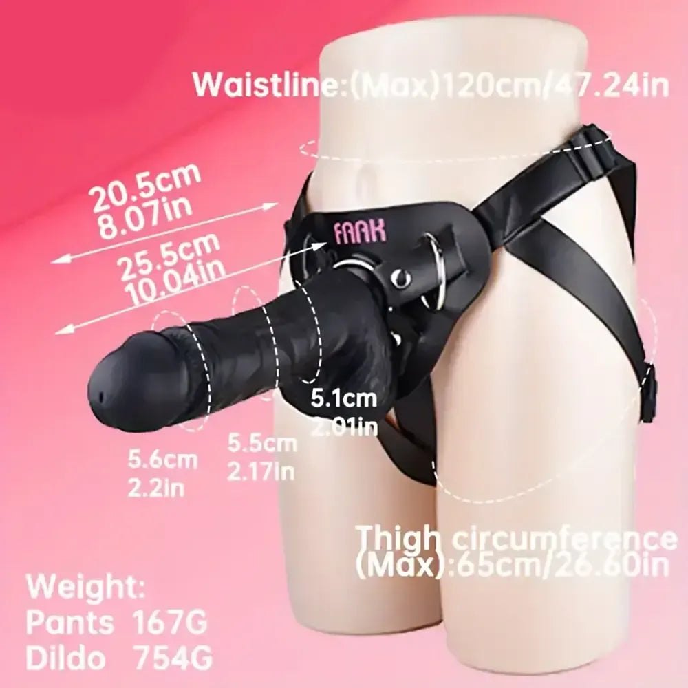 Black silicone strap-on dildo with adjustable harness