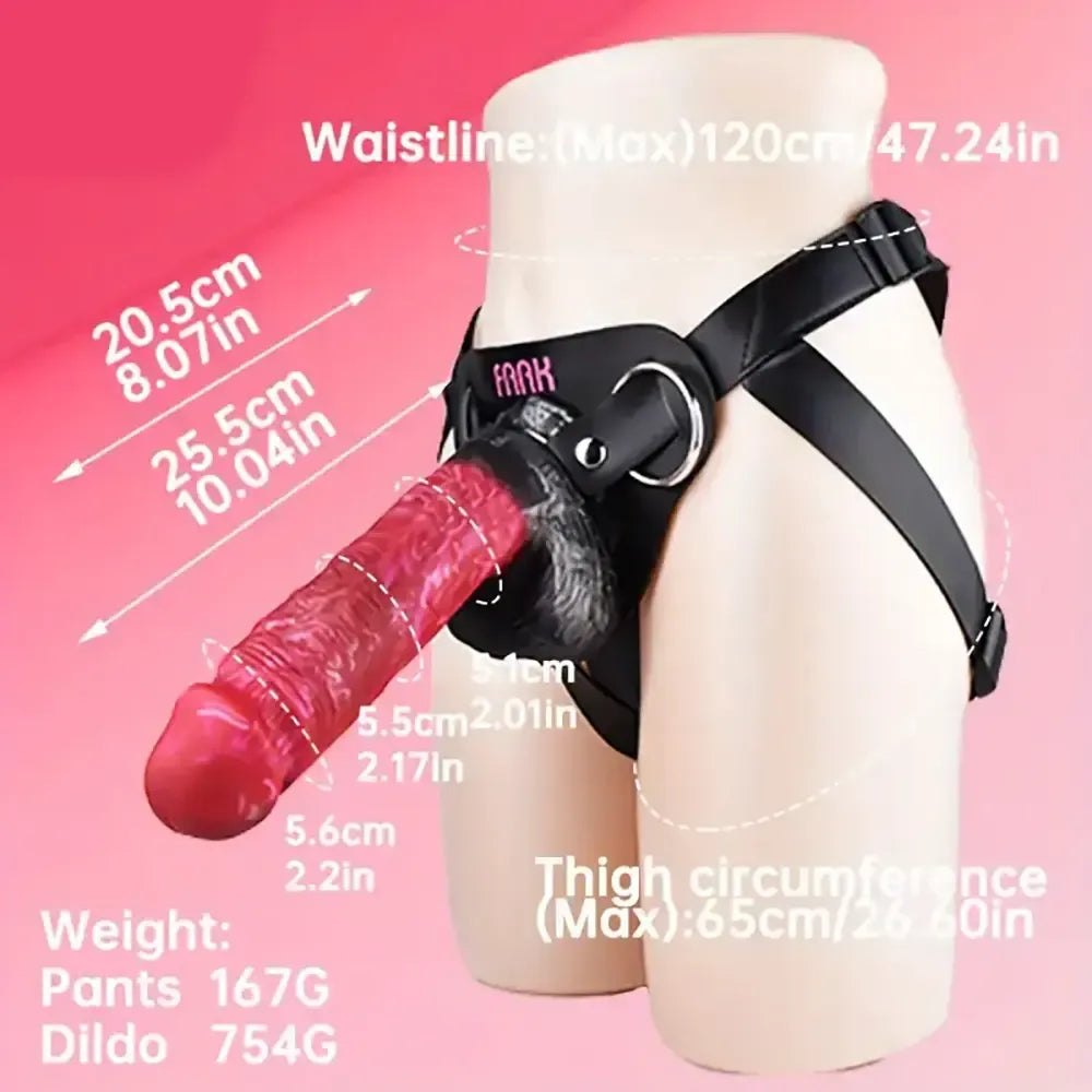 Red silicone strap-on dildo with adjustable harness