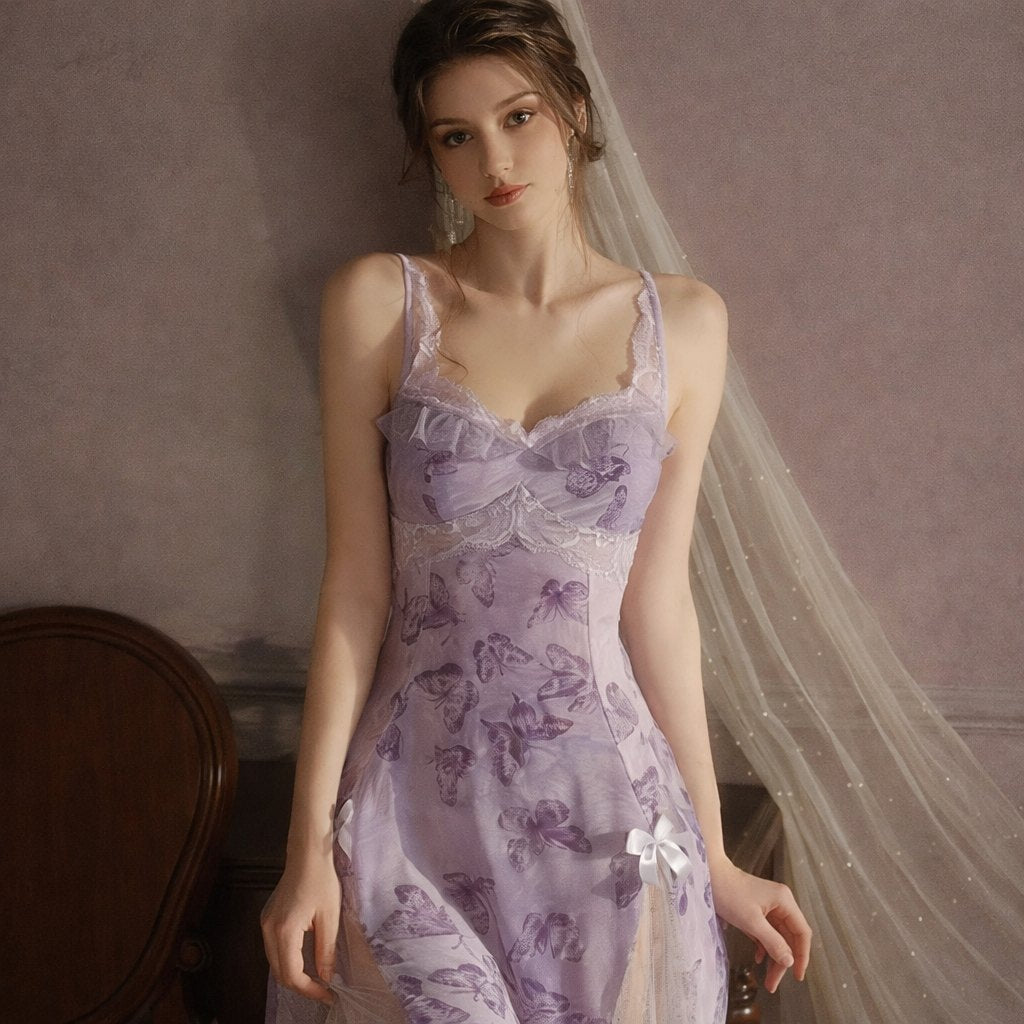 Lilac silk butterfly print nightgown and robe