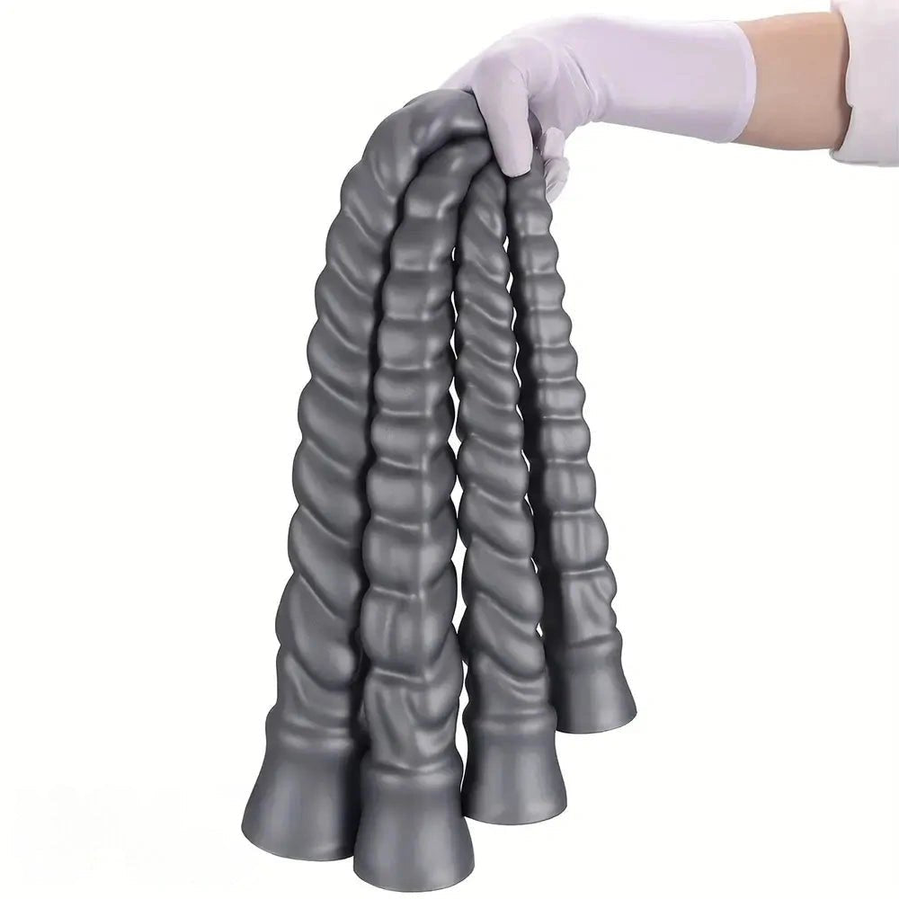 Silver ribbed spiral silicone dildo, photo 15
