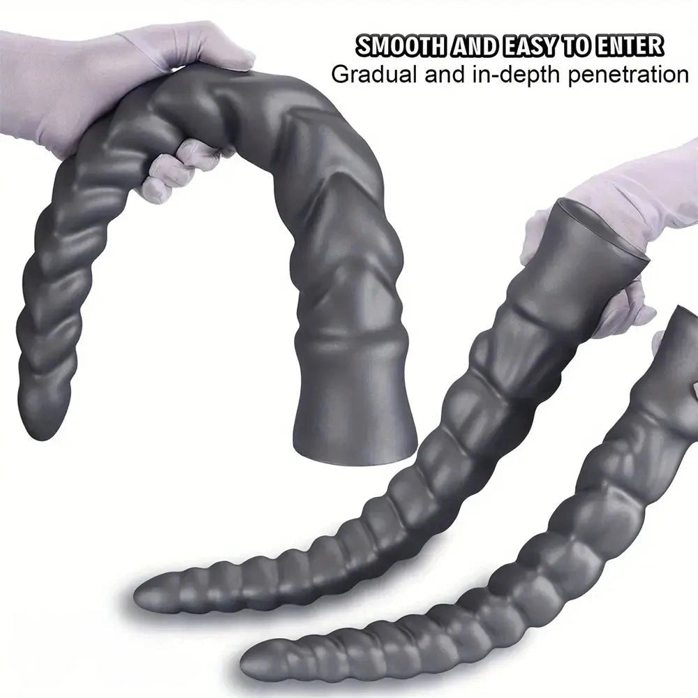 Silver ribbed spiral silicone dildo, photo 8