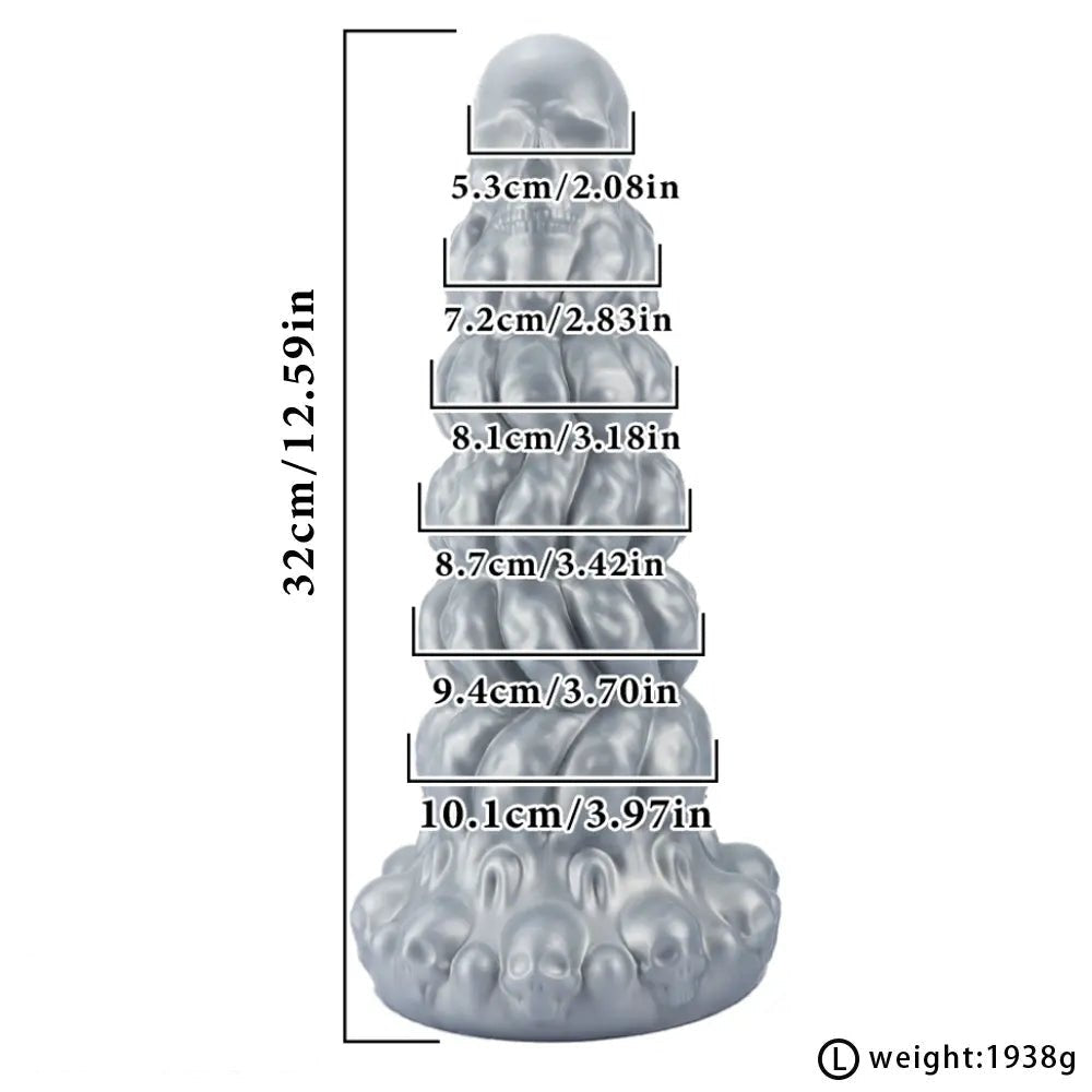 Silver metallic skull-stacked fantasy dildo