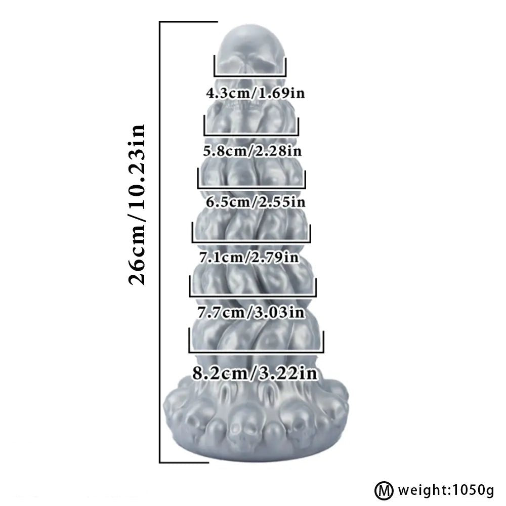 Silver metallic skull-stacked fantasy dildo