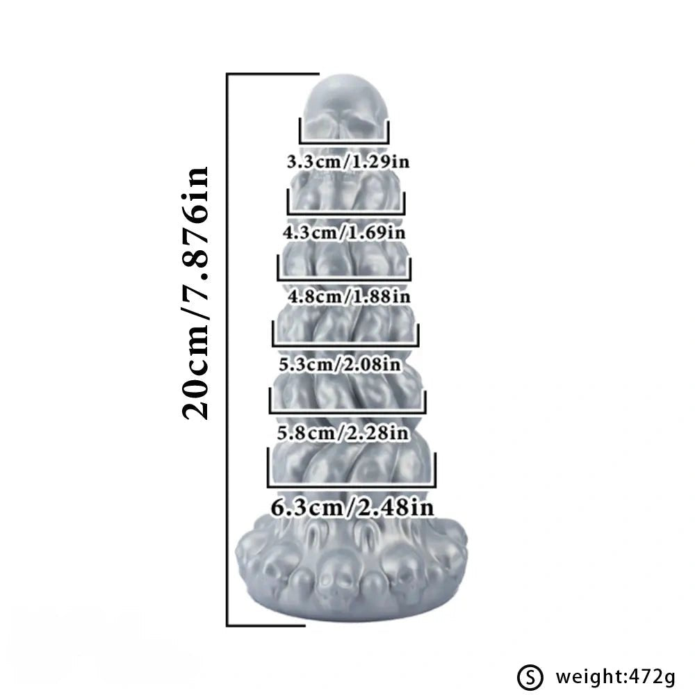 Silver metallic skull-stacked fantasy dildo