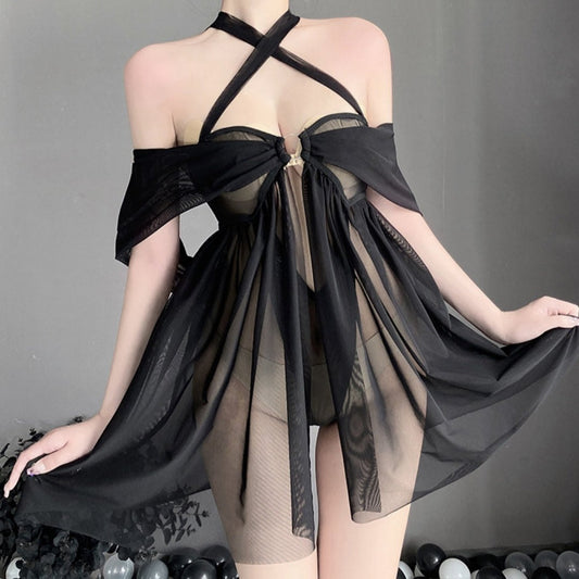 Black sleeveless lace see through nightgown