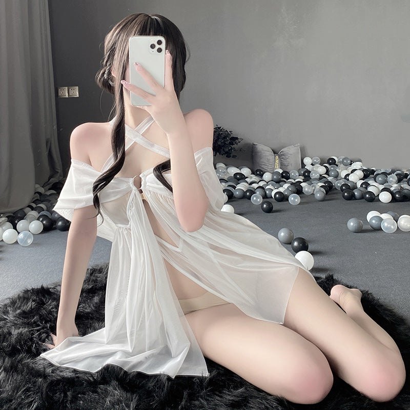 White sleeveless lace see through nightgown