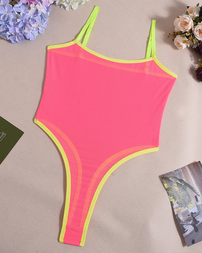 Rose Red spaghetti strap sheer mesh bodysuit