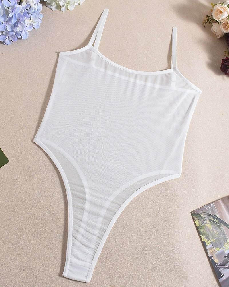 White spaghetti strap sheer mesh bodysuit