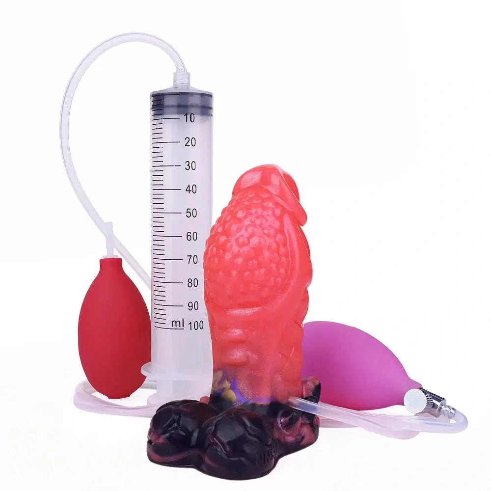 Red spiked silicone dildo with syringe accessory, photo 1