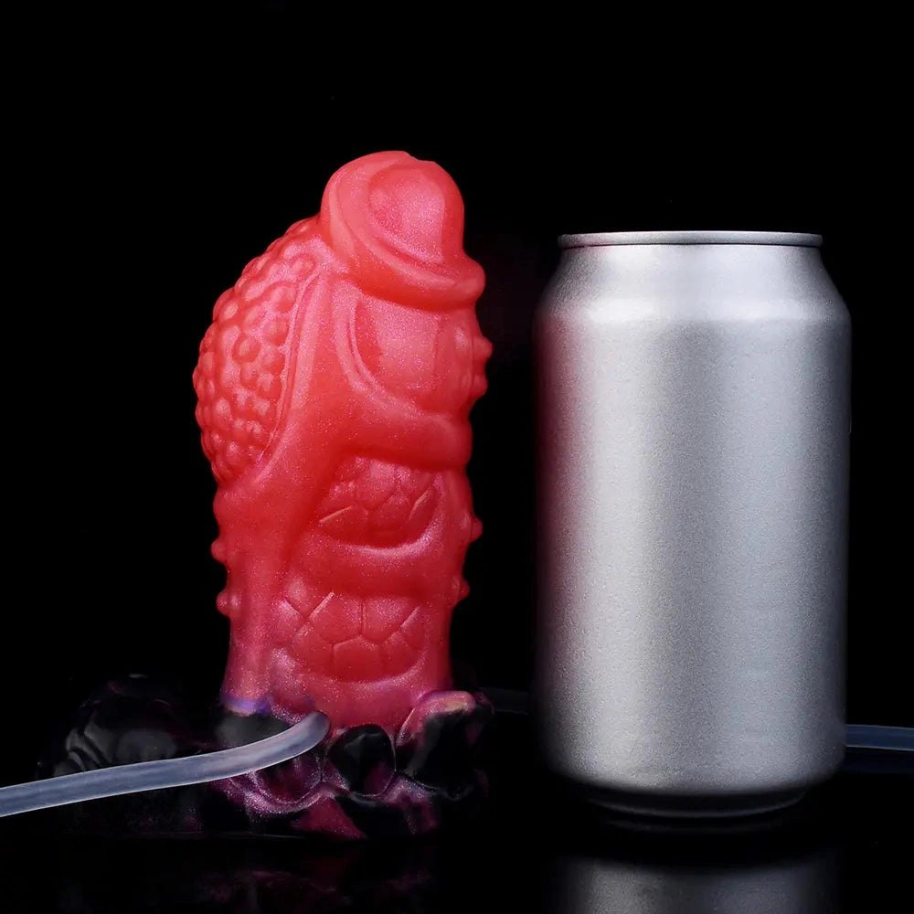Red spiked silicone dildo with syringe accessory, photo 12