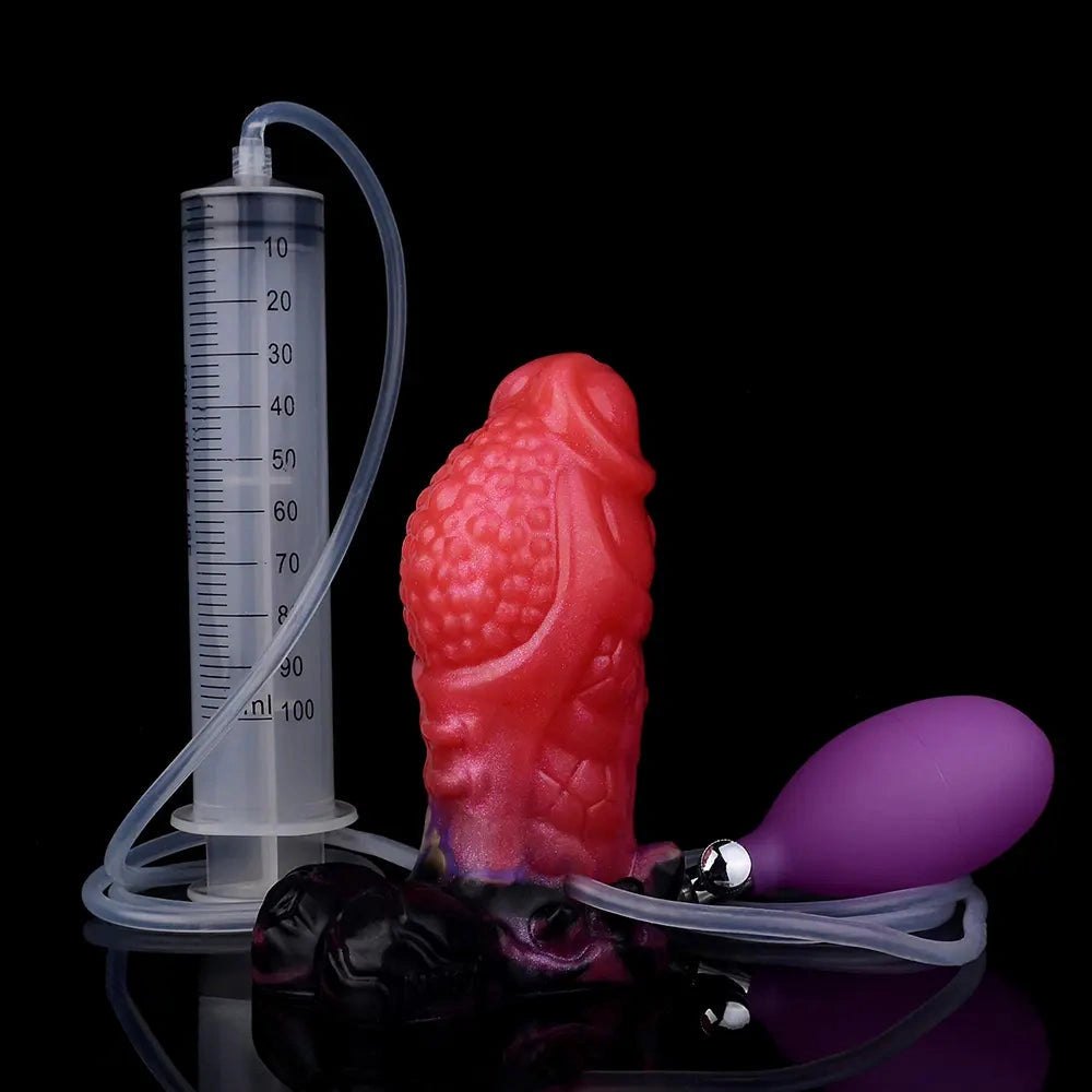 Red spiked silicone dildo with syringe accessory, photo 17