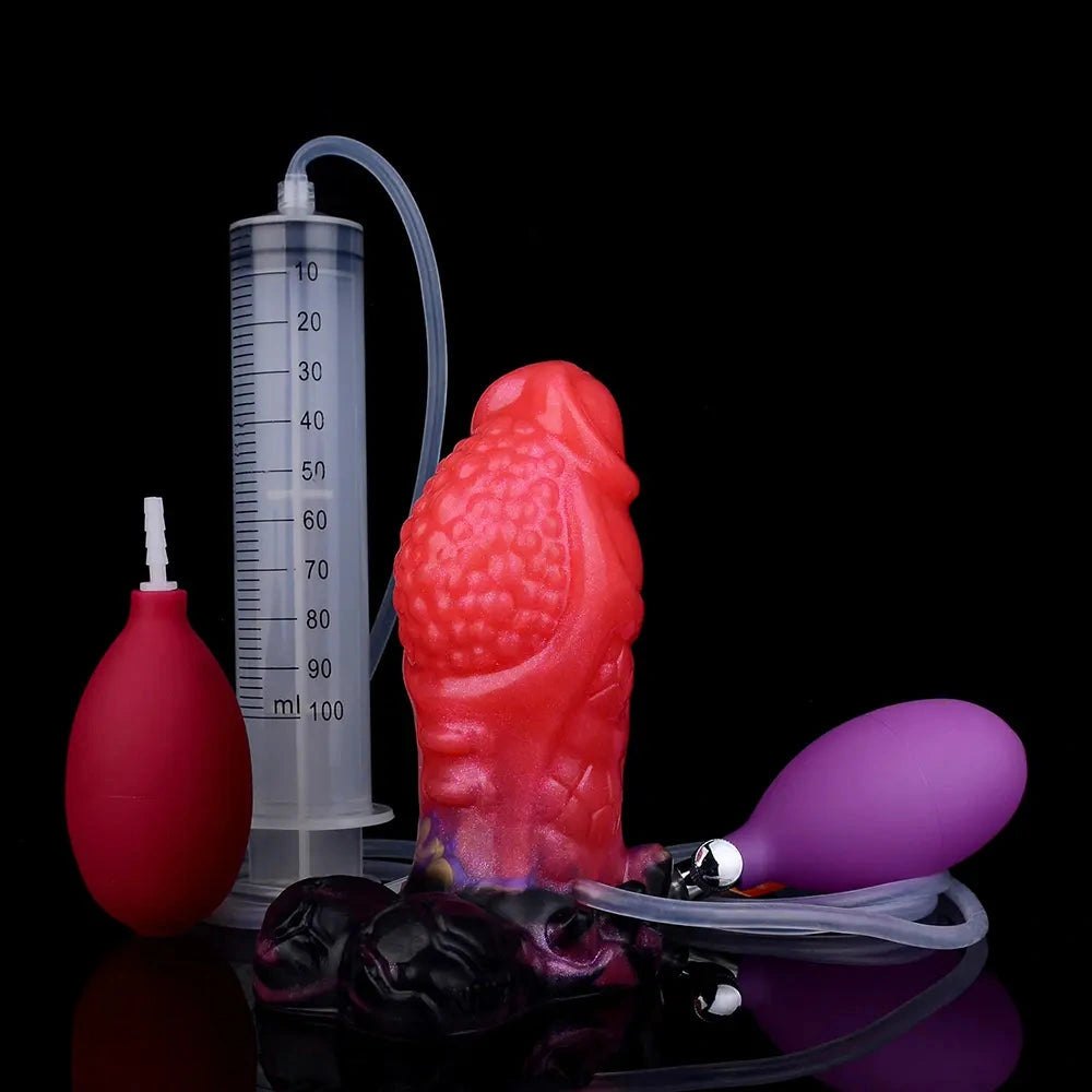 Red spiked silicone dildo with syringe accessory, photo 18