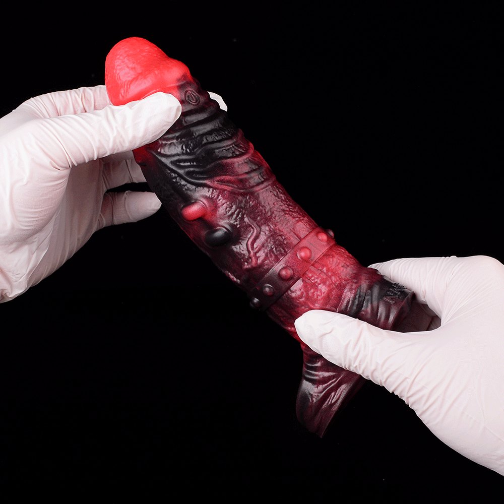 Red silicone spiked cock sleeve, photo 8