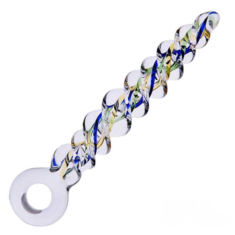 Clear spiral glass dildo with ring handle, photo 1