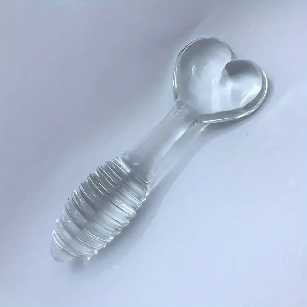 Clear glass spiral dildo with heart shaped base