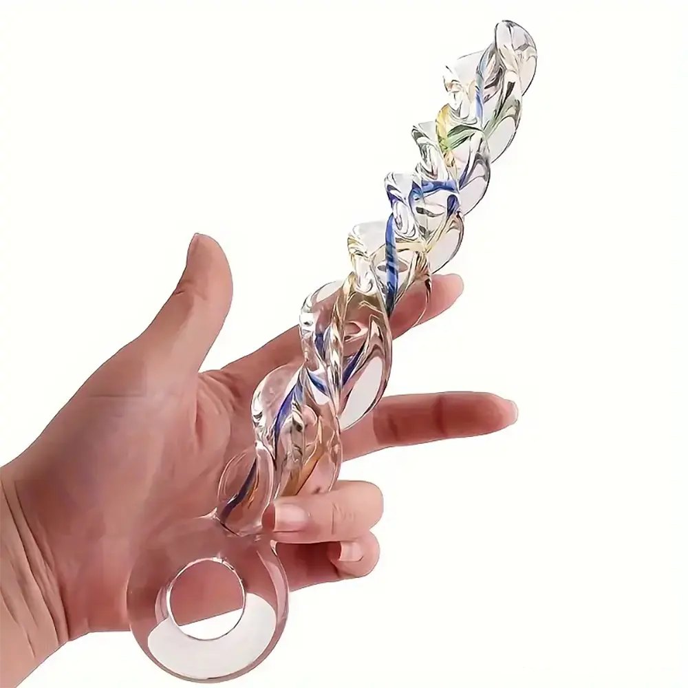 Clear spiral glass dildo with ring handle, photo 2