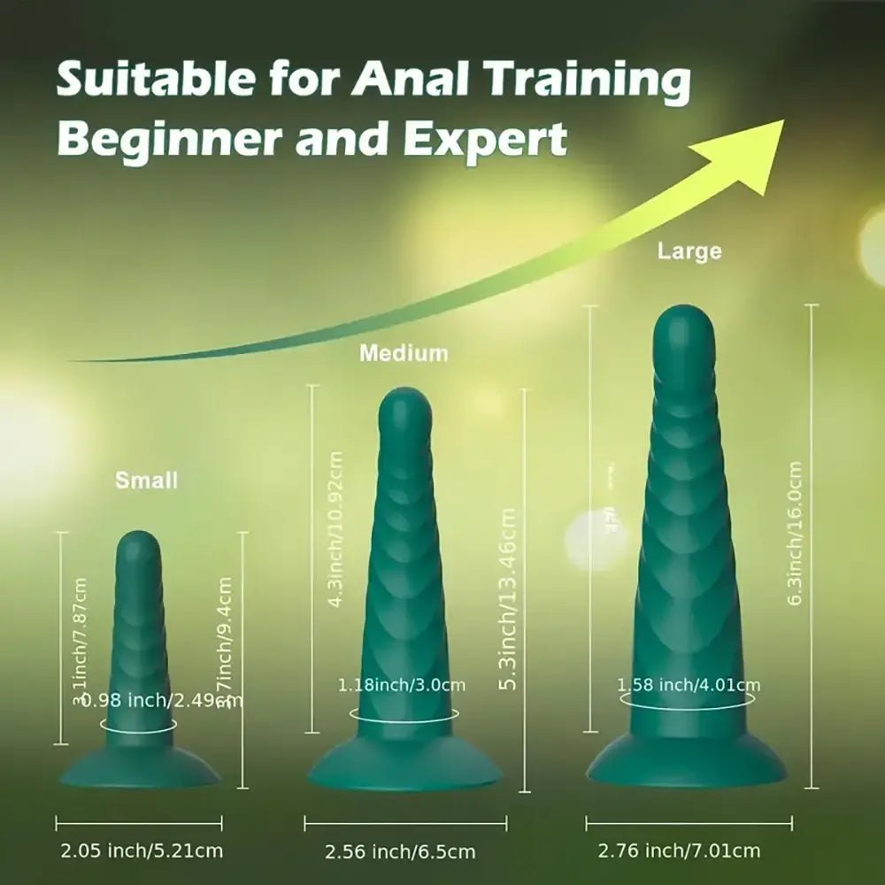 Green spiral ribbed silicone anal dildo with suction cup base