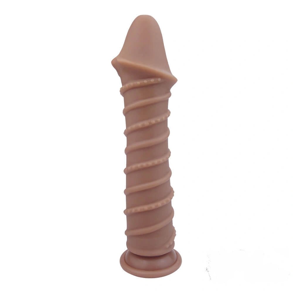 Brown spiral ribbed silicone suction cup dildo