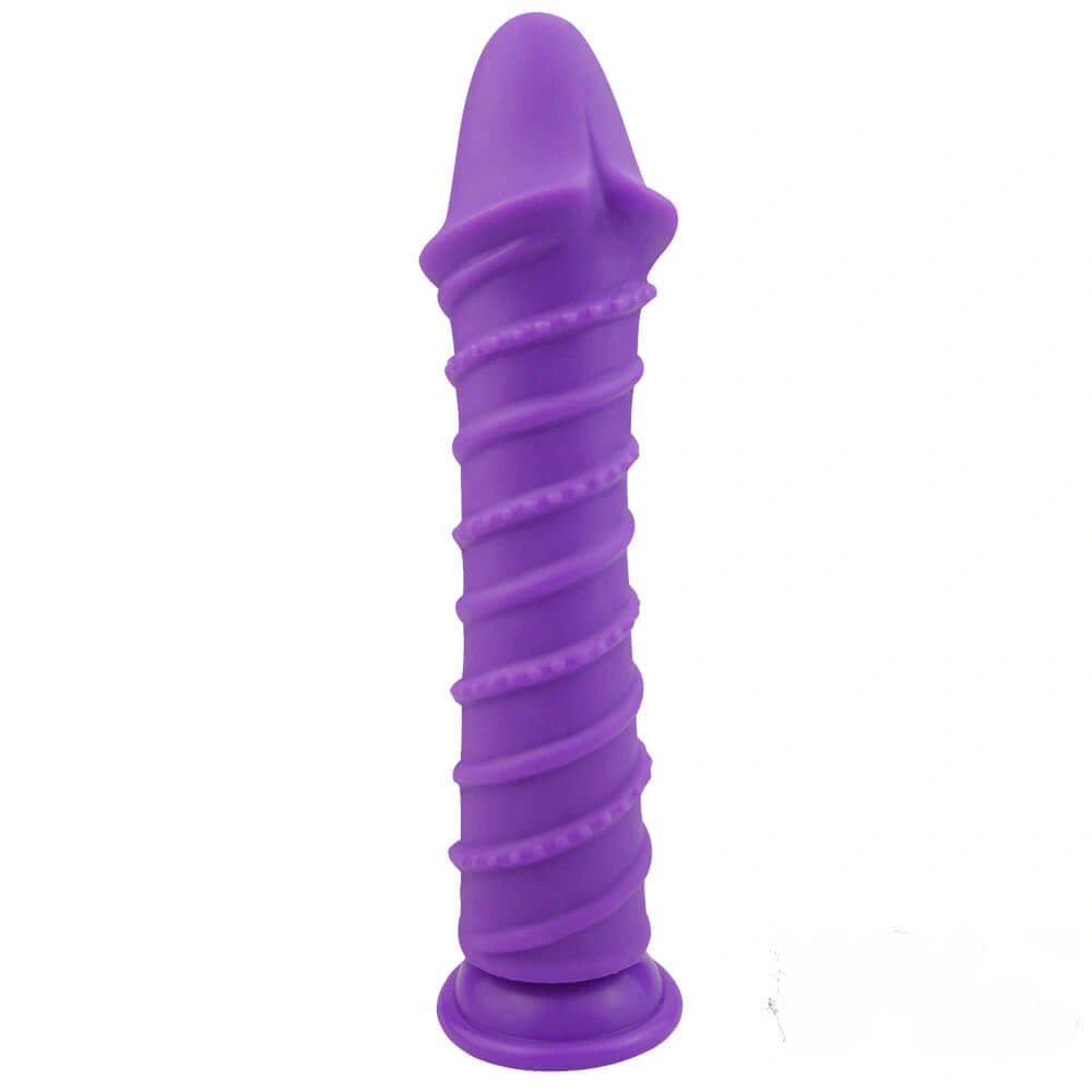 Purple spiral ribbed silicone suction cup dildo