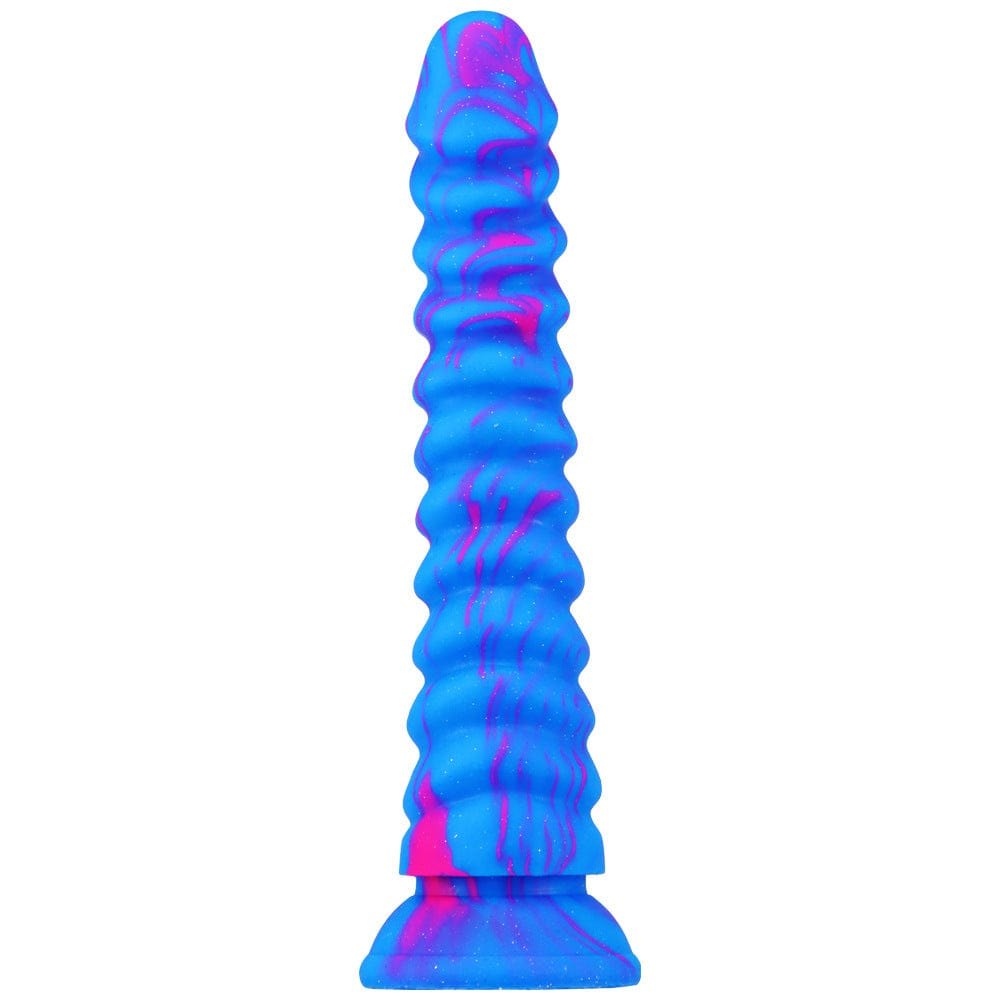 Blue and pink swirl ribbed silicone dildo, photo 1