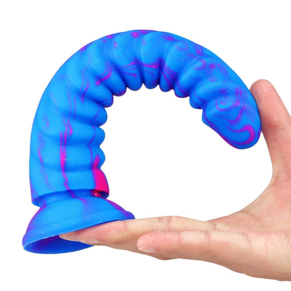 Blue and pink swirl ribbed silicone dildo, photo 4