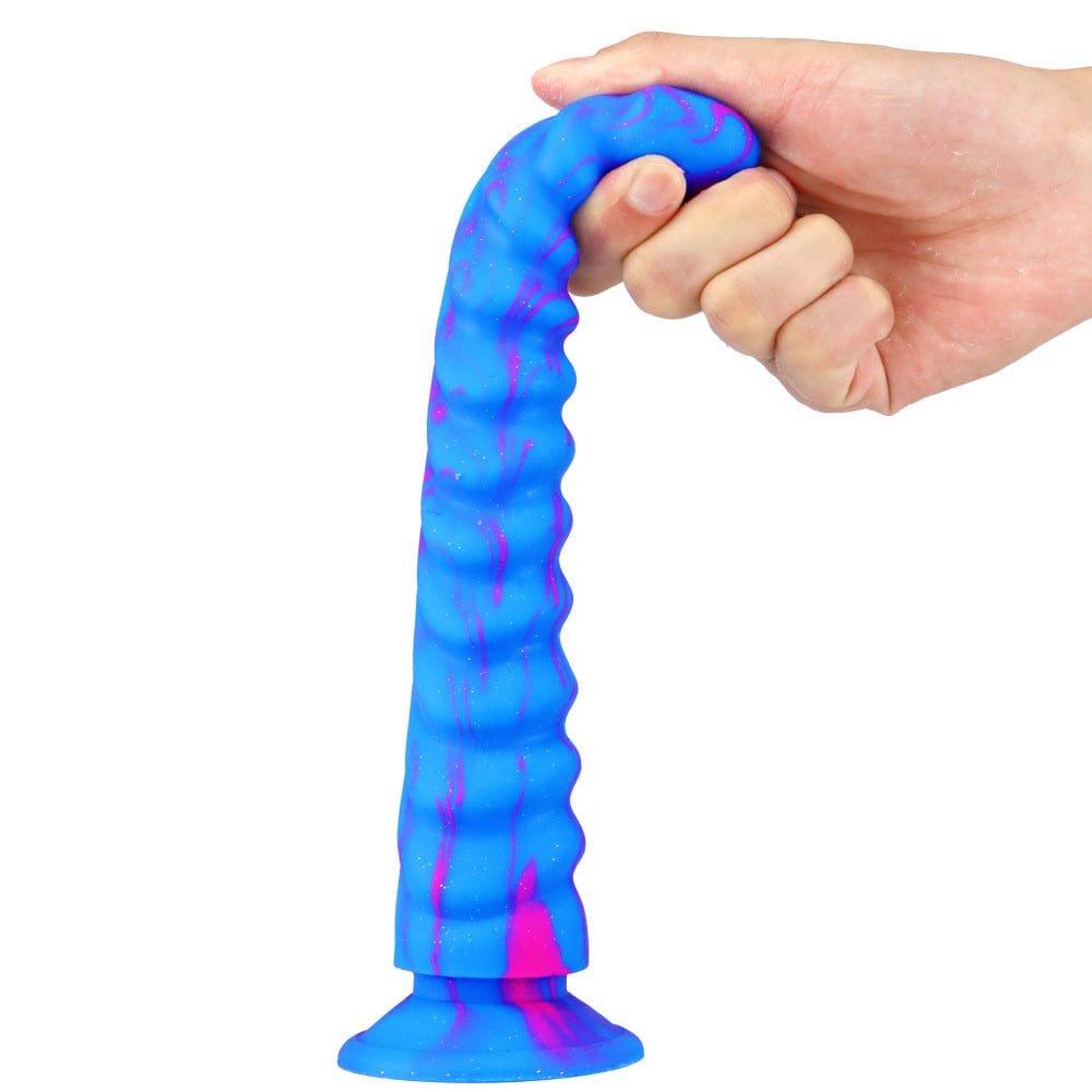 Blue and pink swirl ribbed silicone dildo, photo 5