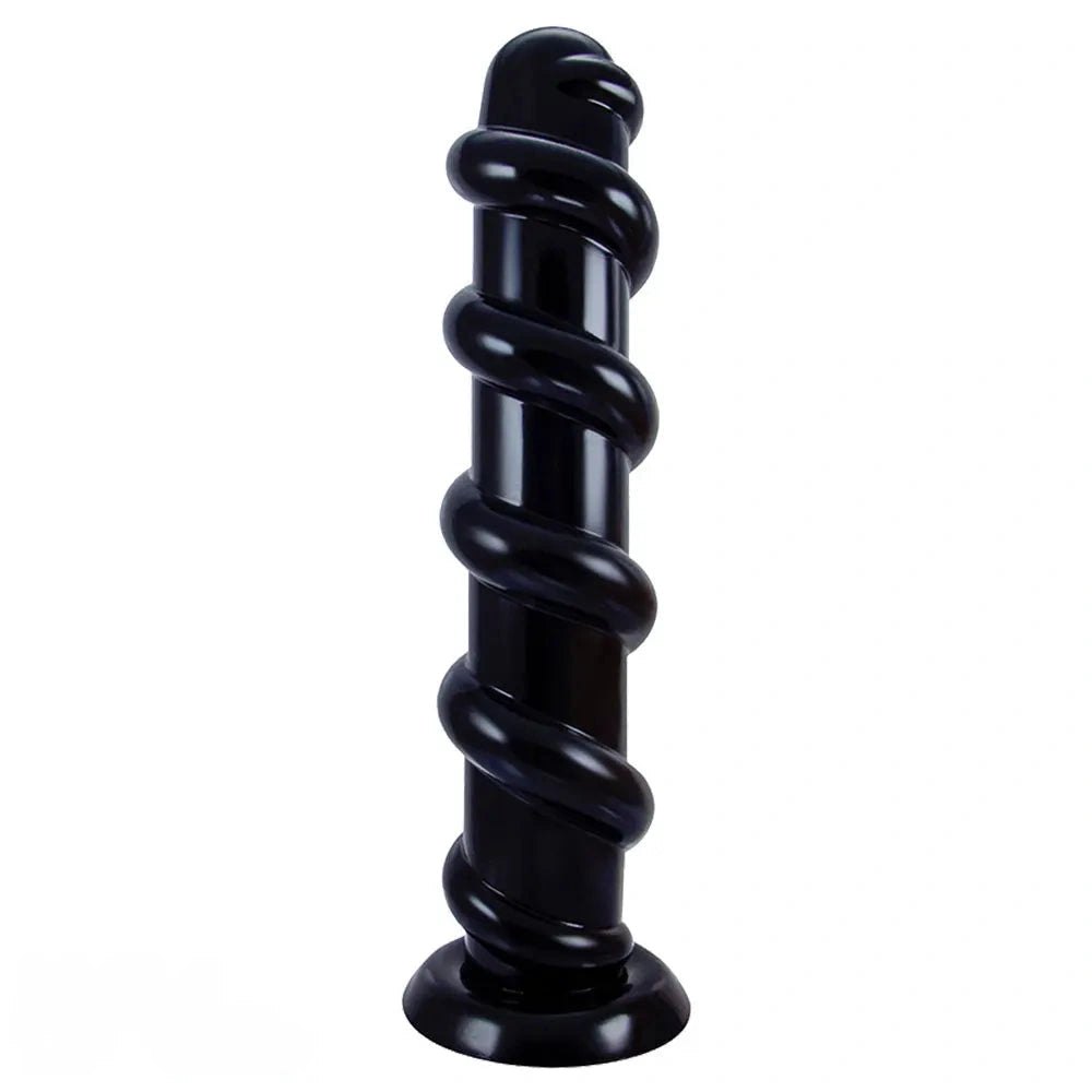 Black spiral textured suction cup dildo