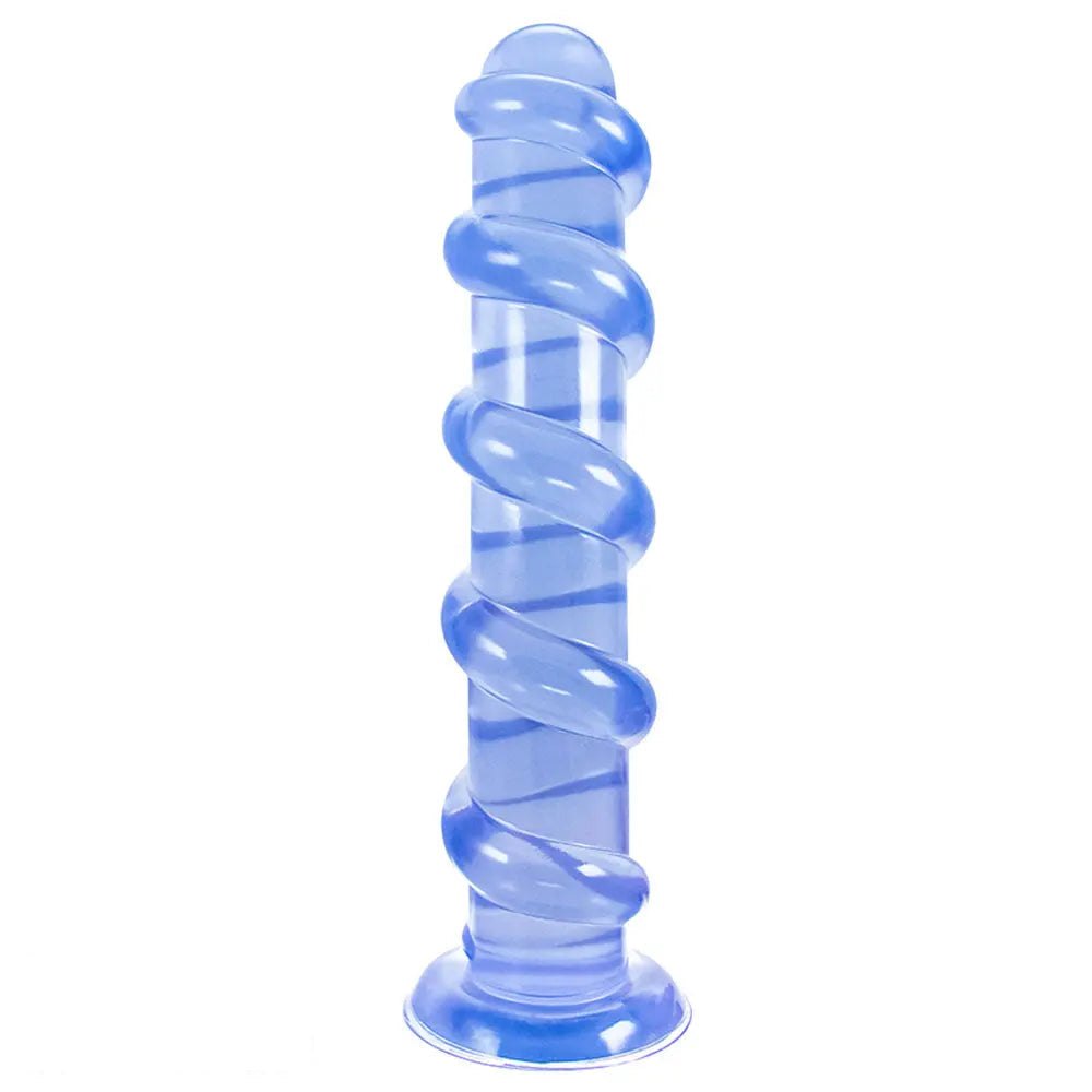 Blue spiral textured suction cup dildo