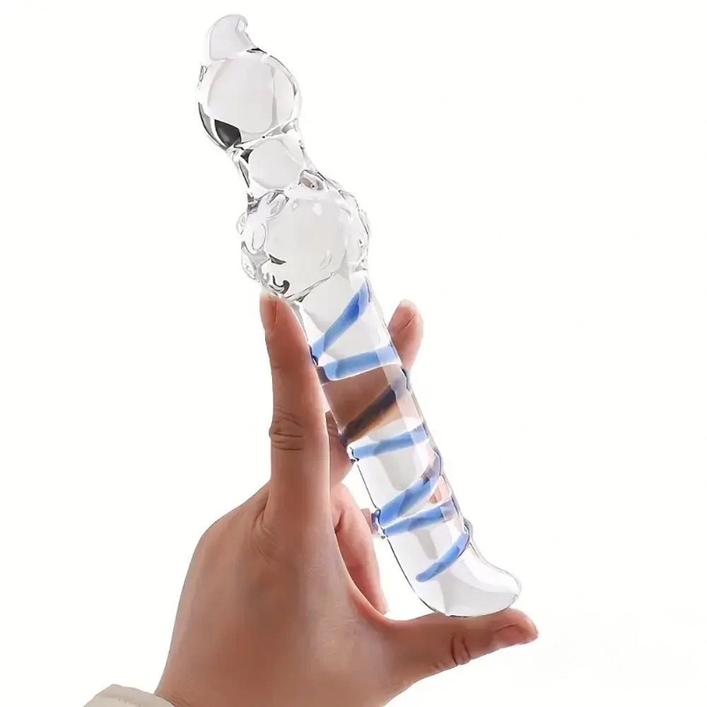 Clear glass dildo with spiral color swirl, photo 4