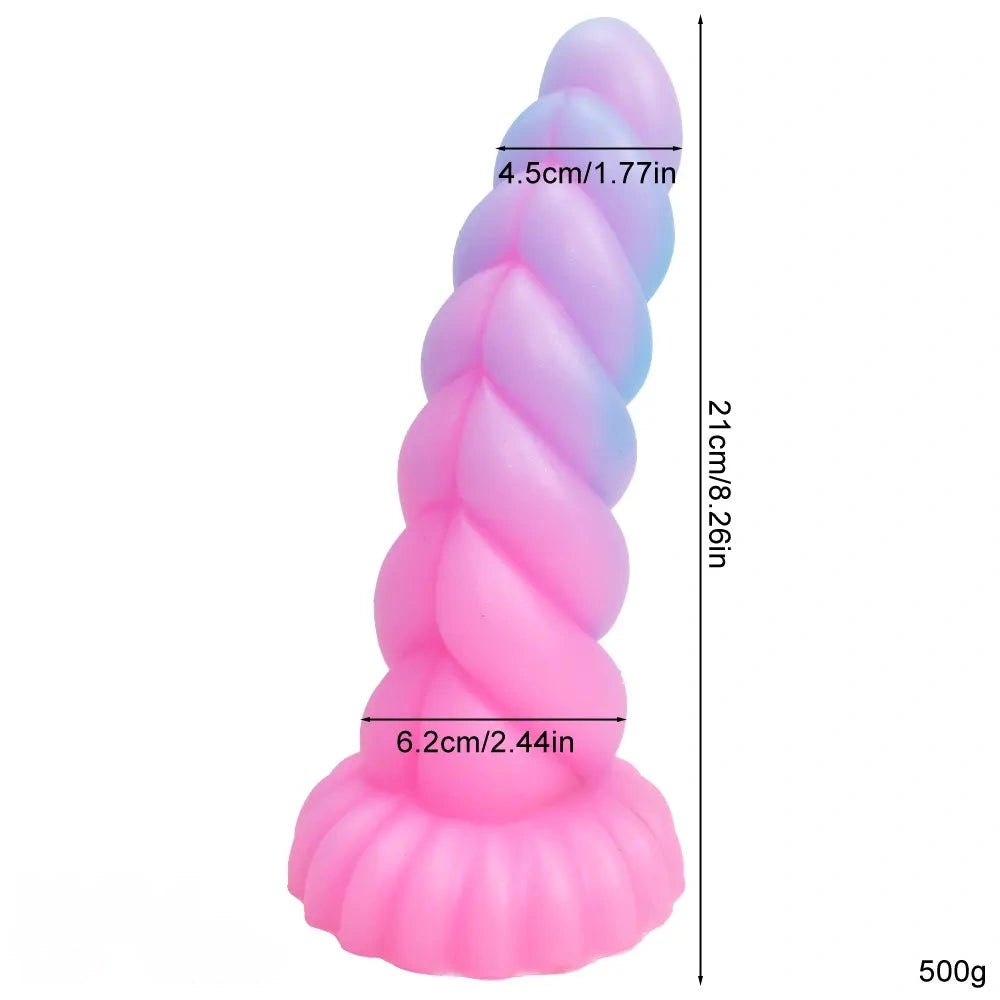 A spiral tentacle silicone fantasy dildo with glow finish