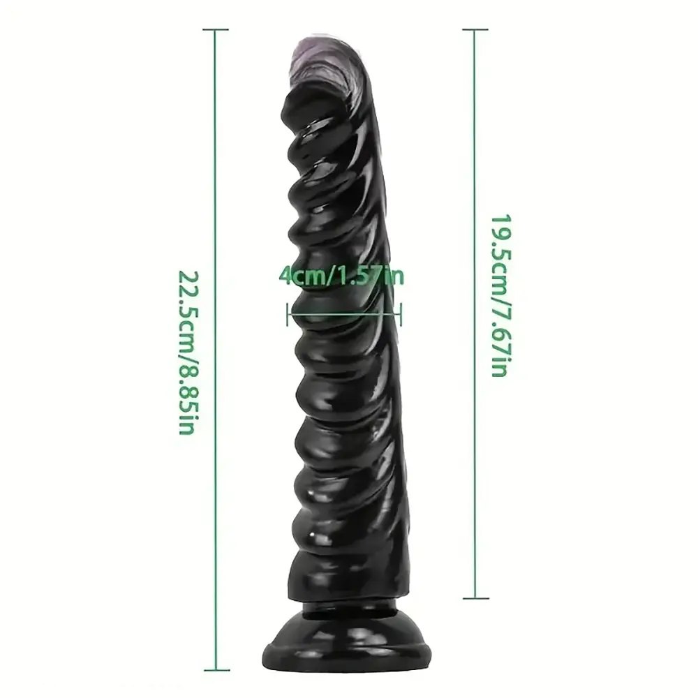 Black spiral ridged textured suction cup dildo