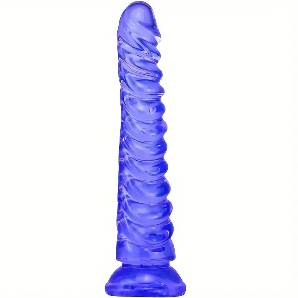 Blue spiral ridged textured suction cup dildo