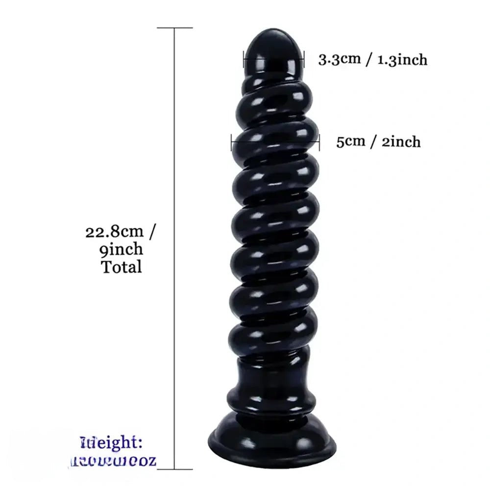 Black spiral ribbed anal dildo with suction cup base