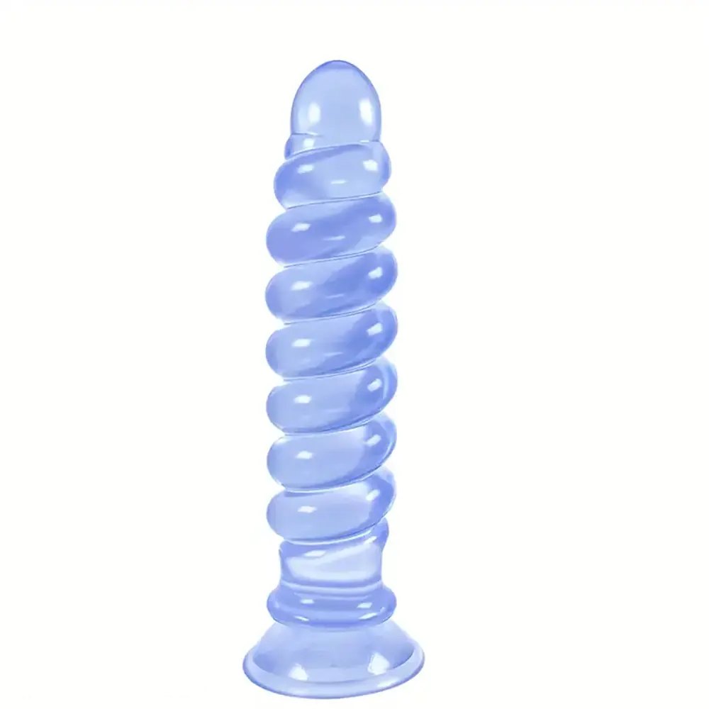 Blue spiral ribbed anal dildo with suction cup base