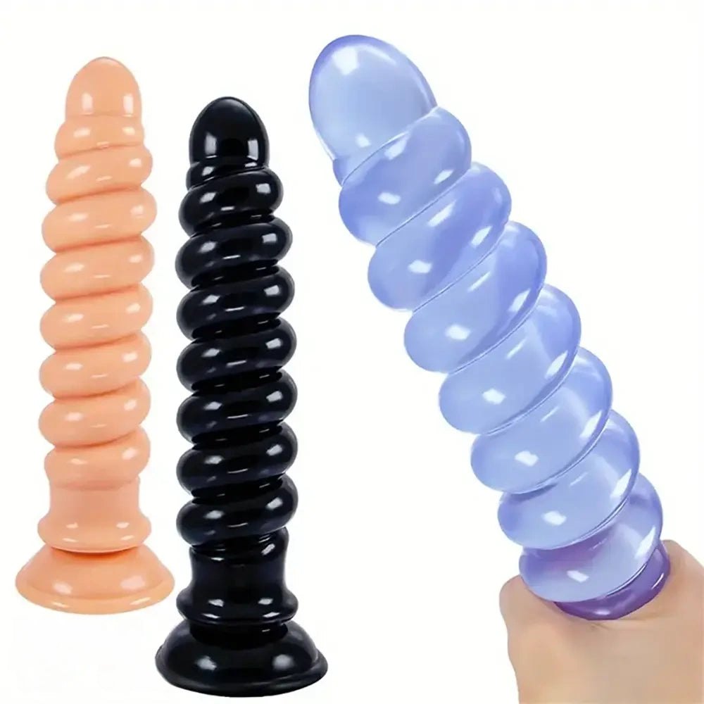 Spiral ribbed anal dildo with suction cup base, photo 1