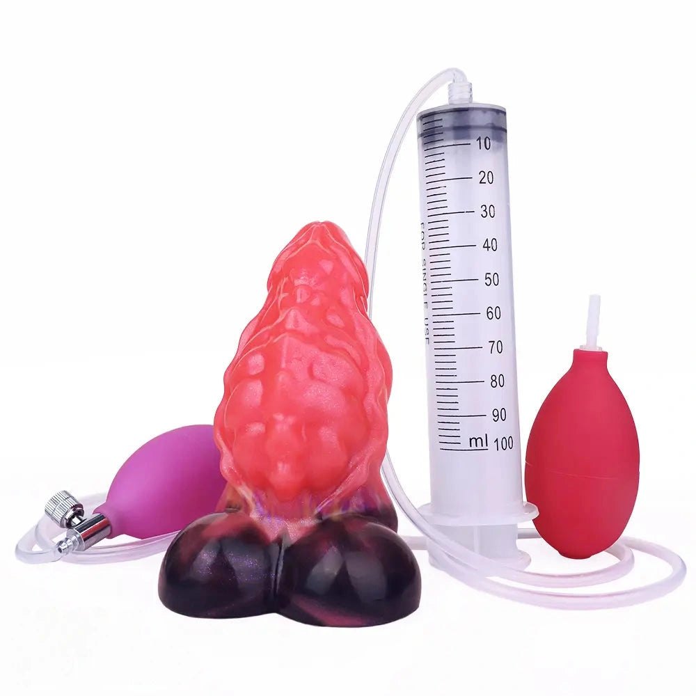 Red textured squirting fantasy silicone dildo, photo 1