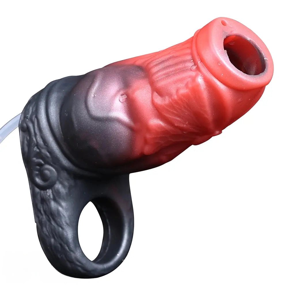 Black and red monster style silicone cock ring sleeve, photo 1