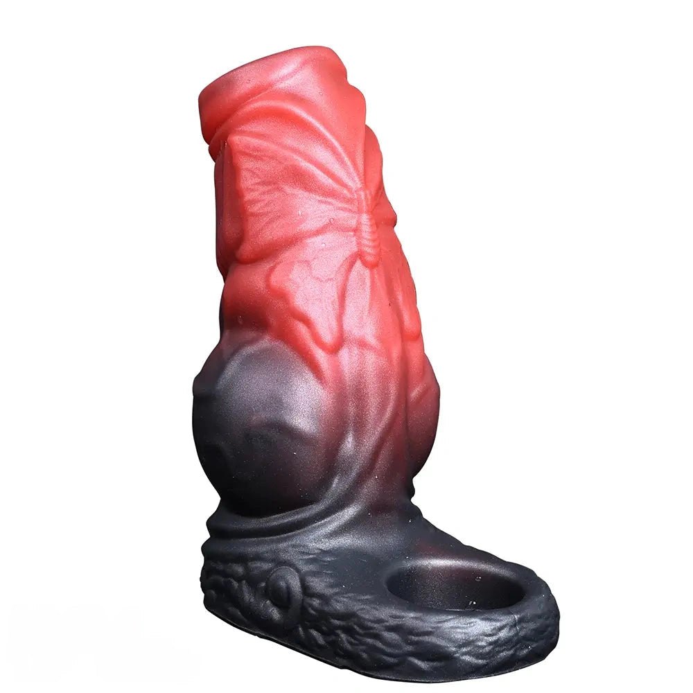Black and red monster style silicone cock ring sleeve, photo 4