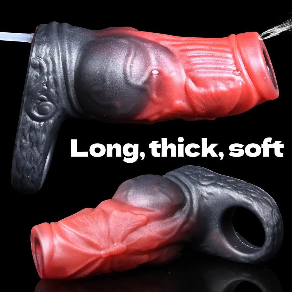 Black and red monster style silicone cock ring sleeve, photo 5
