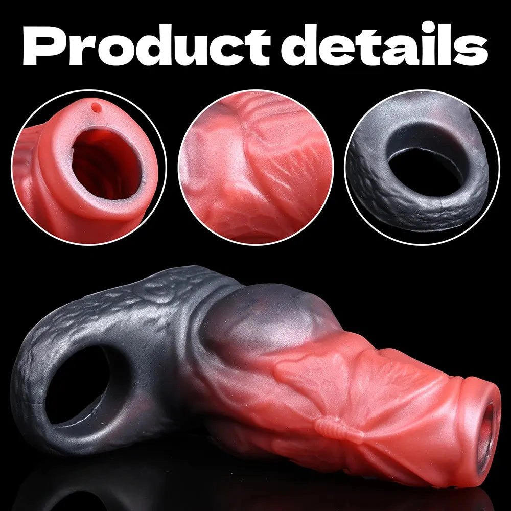 Black and red monster style silicone cock ring sleeve, photo 7