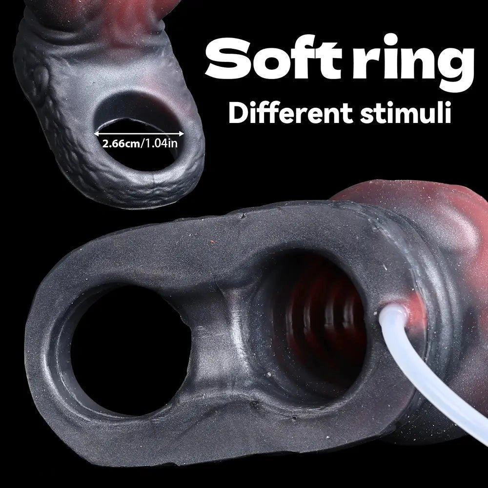 Black and red monster style silicone cock ring sleeve, photo 8