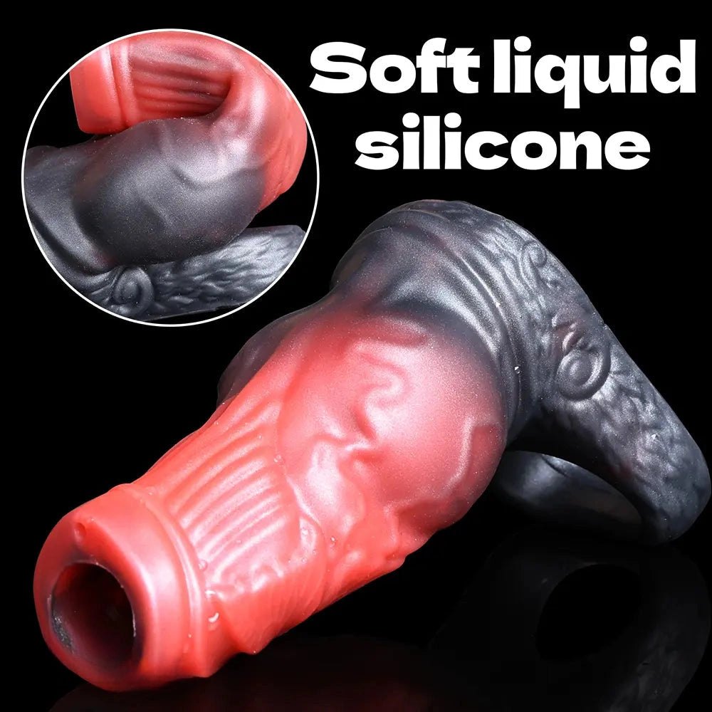 Black and red monster style silicone cock ring sleeve, photo 9